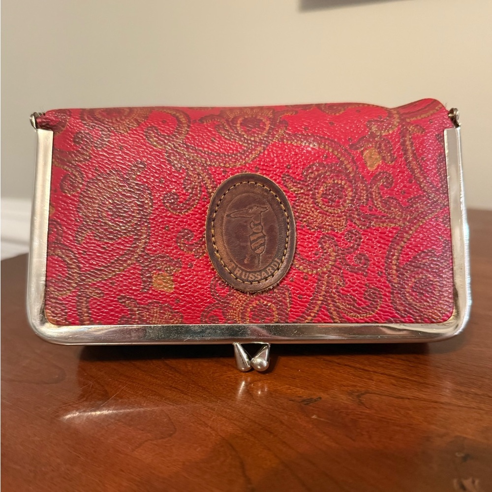 Vintage Trussardi Kiss-Lock Makeup Case, Red Paisley, Coin Purse w/ Mirror